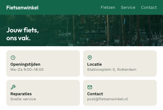 Voorbeeld van Basis: de homepage van een verzonnen fietsenwinkel op een tablet, met openingstijden, locatie, reparaties en contactgegevens.